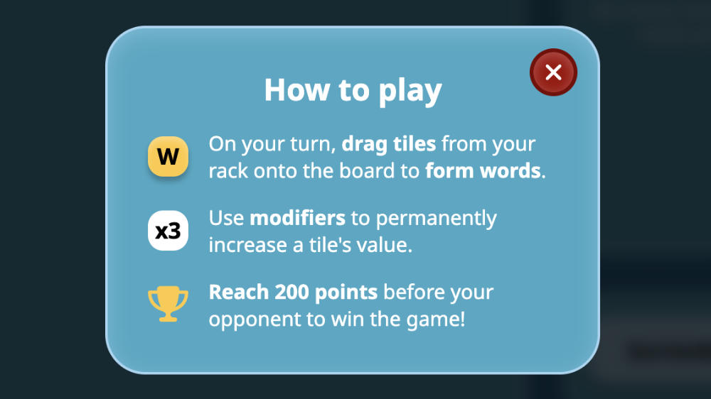 Screenshot of the Word Weaver 'how to play' popup